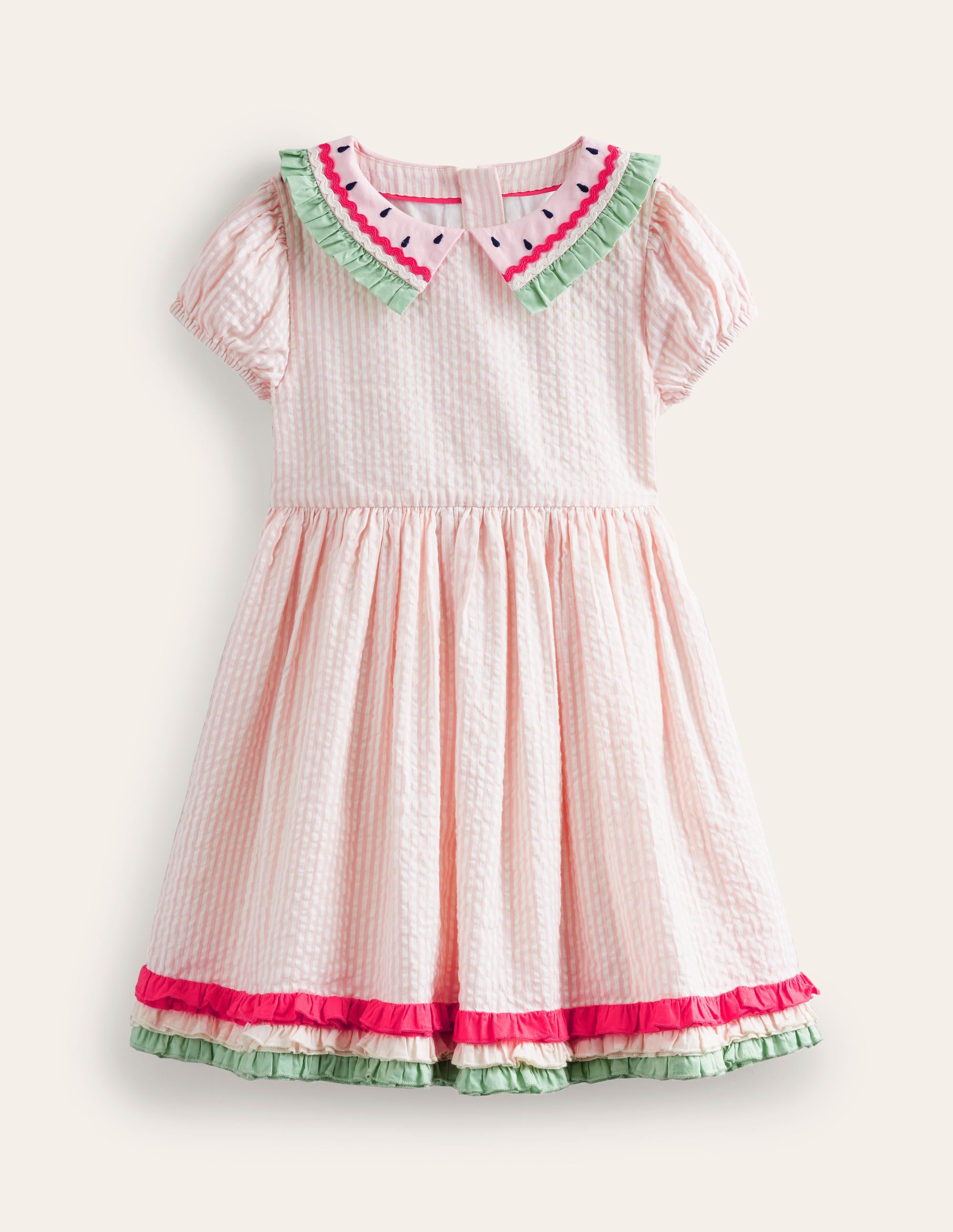 Collared Seersucker Dress-Ballet Pink/ Ivory Stripe - Image 1