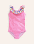 Frill Neck Swimsuit-Festival Pink Ticking Stripe