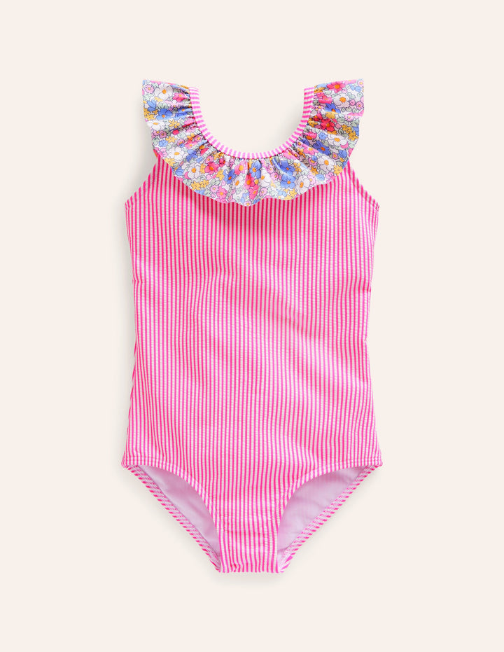Frill Neck Swimsuit-Festival Pink Ticking Stripe
