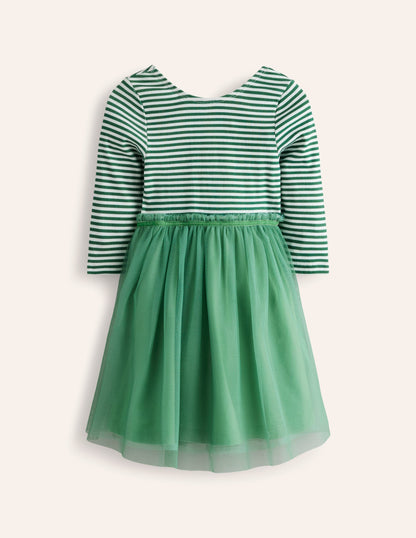 Rib Jersey Tulle Dress-Green