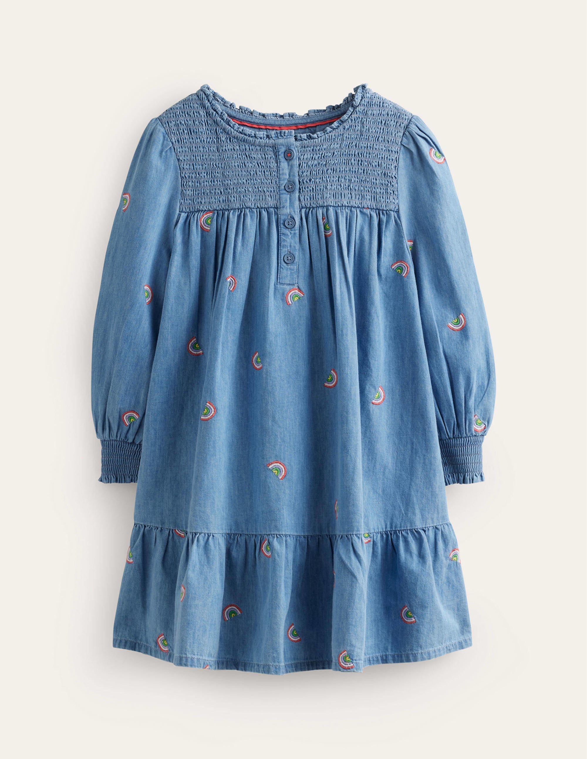 Embroidered Shirred Dress-Scattered Rainbow Embroidery - Image 1