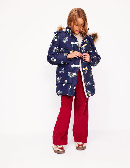 Longline Padded Coat-College Navy Posy