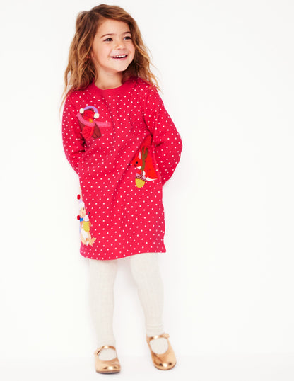 Ida Sweatshirt Appliqué Dress-Rose Pink Pin Spot Animals