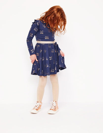 Mabel Twirly Ballerina Dress-College Navy Gold Foil Cats