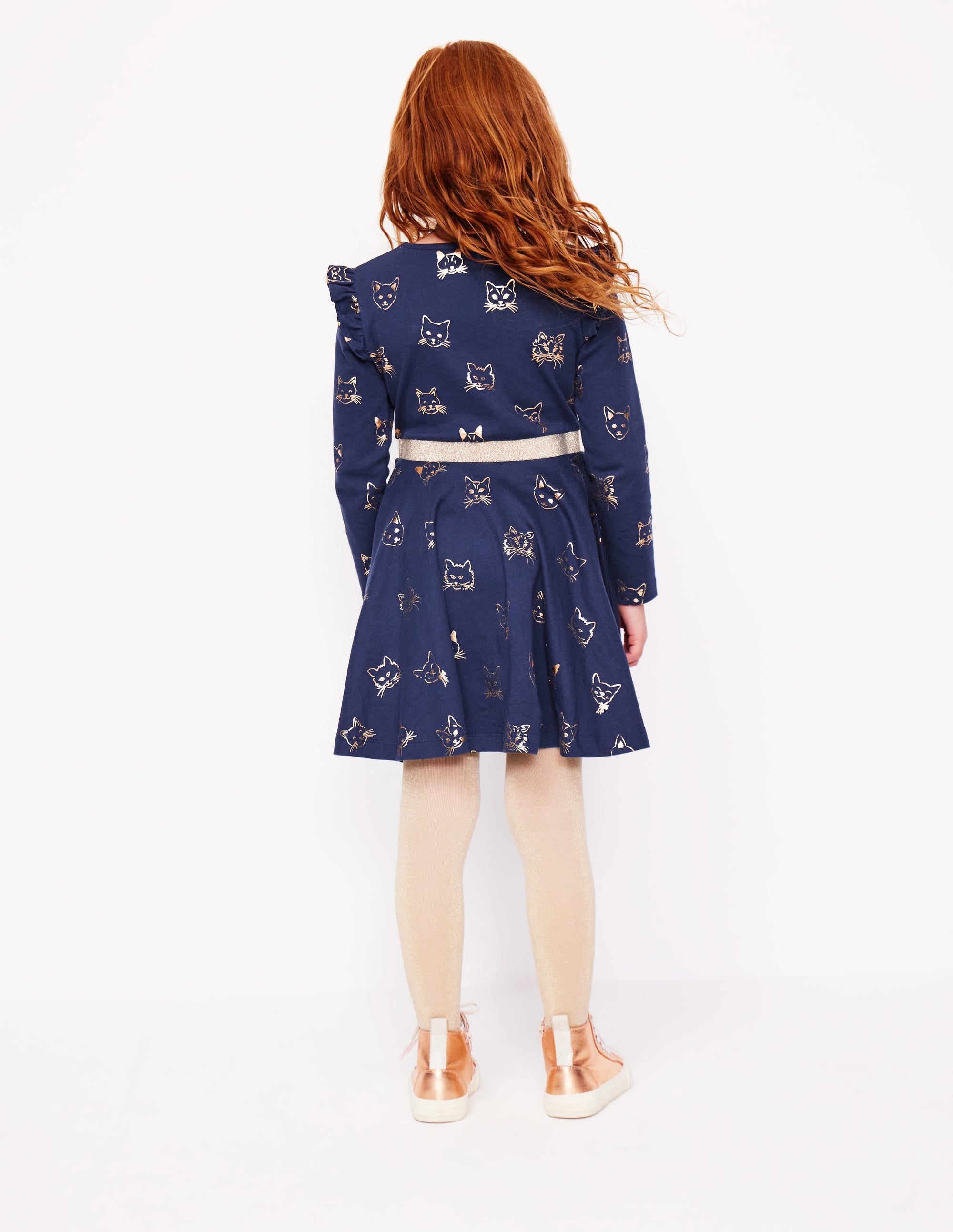Mabel Ballerinakleid mit Tellerrock-Schuluniform-Marineblau Goldfolien-Katzen - Image 2