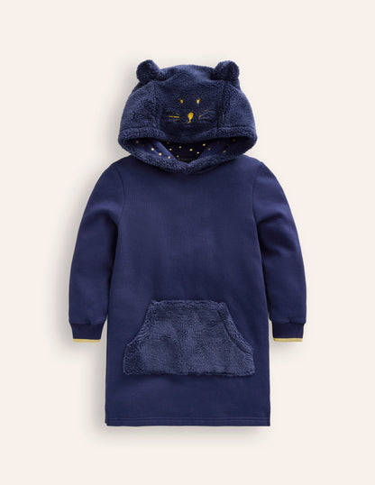 Fleece Novelty Hoodie Dress-College Navy Cat