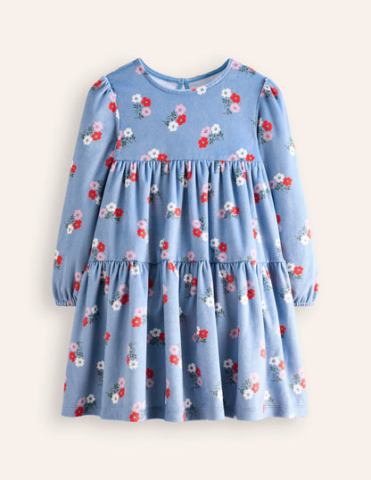 Robe en velours à volants-Motif Posy brume marine