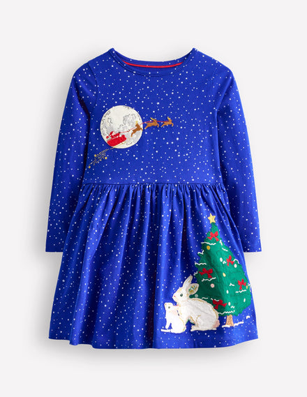 Jerseykleid mit Saumapplikation-Sanftes Steuerbordblau Weihnachten