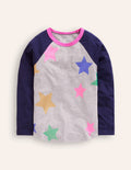 Raglan-T-Shirt mit Blockfarben-Schuluniform-Marineblau/Grau Meliert Sterne
