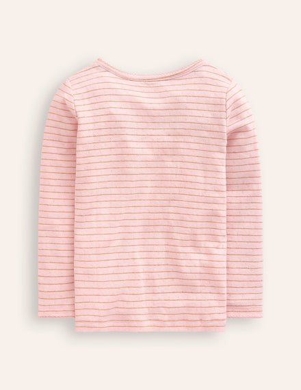 Langärmeliges Oberteil mit Pointelle-Muster-Kreiderosa/Gold Lurex Streifen