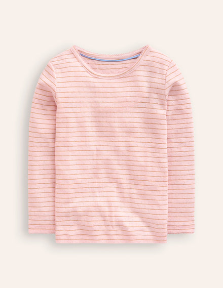 Langärmeliges Oberteil mit Pointelle-Muster-Kreiderosa/Gold Lurex Streifen