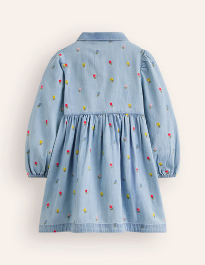 Robe-chemise à manches bouffantes-Fleur denim vintage moyen