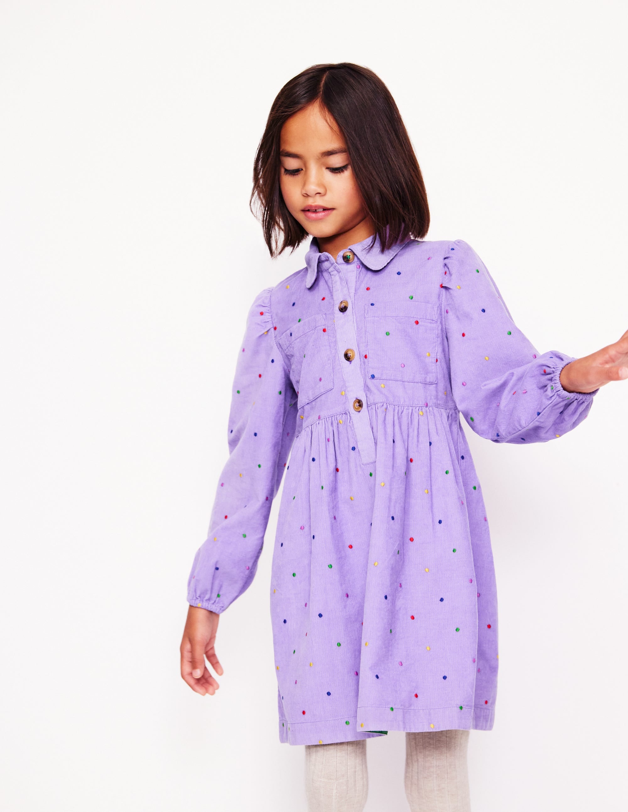 Robe-chemise à manches bouffantes-Pois brodés violet aster - Image 1
