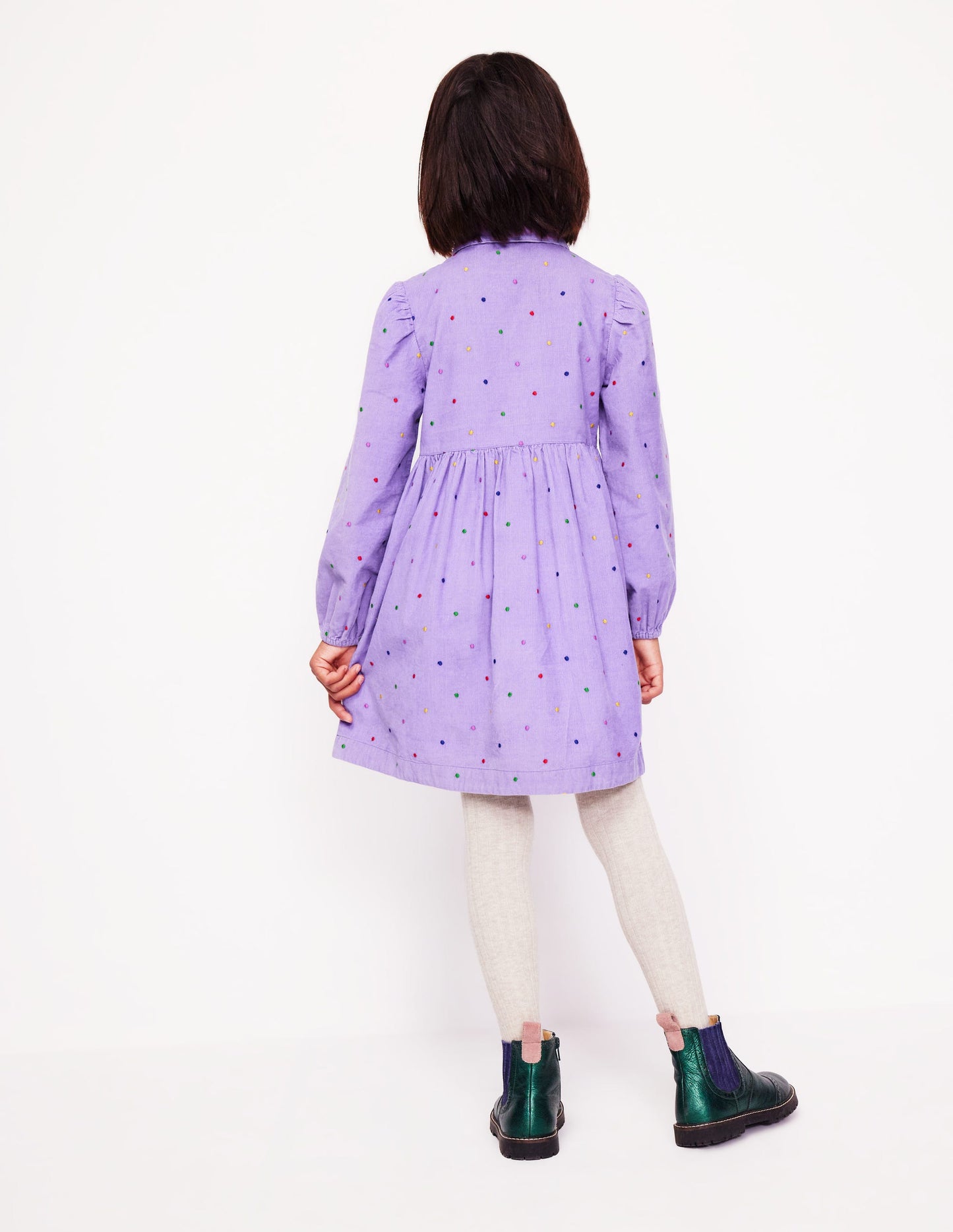 Puff Sleeve Shirt Dress-Aster Purple Embroidered Spot