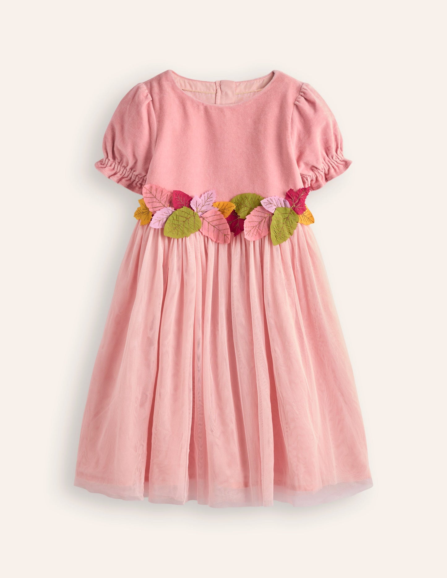 Robe Ottilie en velours et tulle-Feuilles d'automne rose vintage