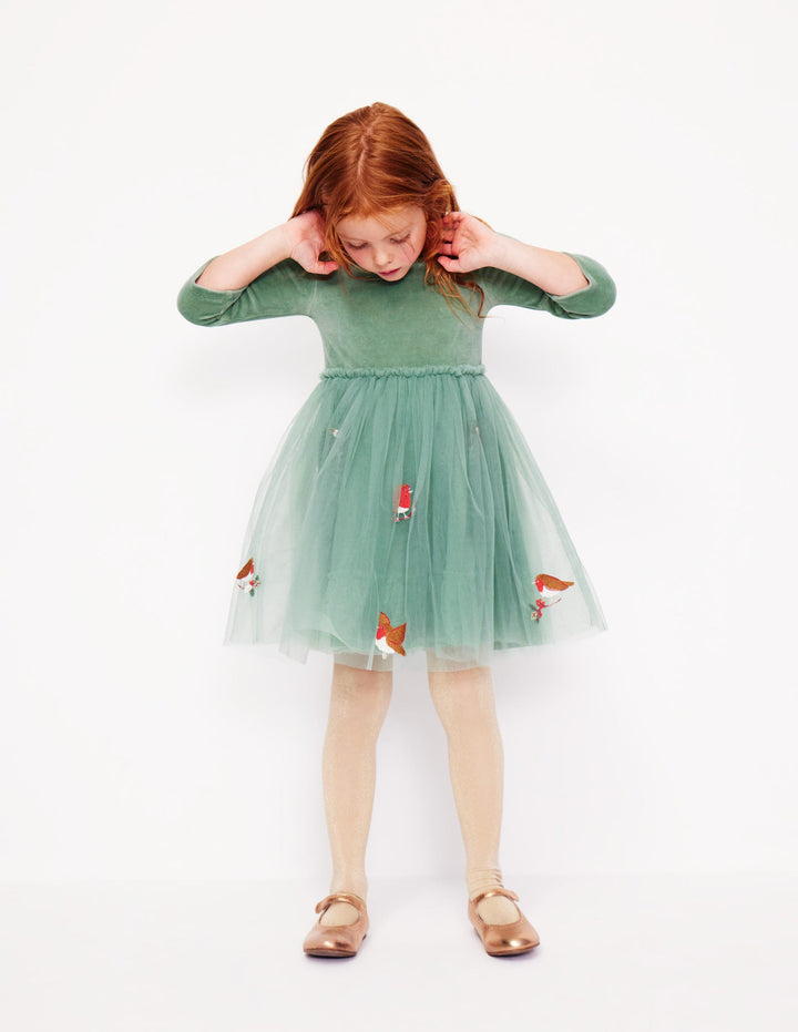 Velvet Tulle Appliqué Dress-Eucalyptus Robins