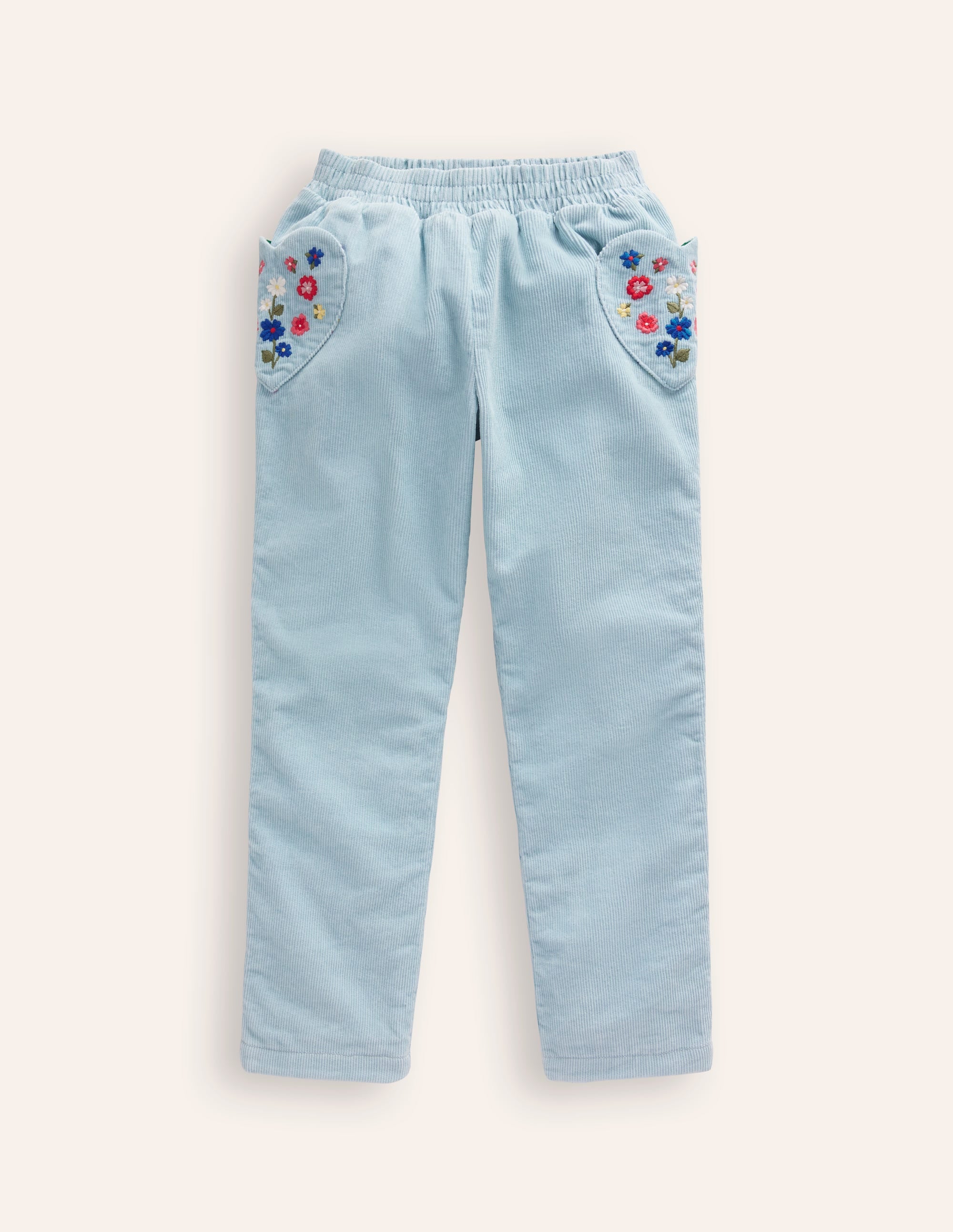 Pantalon à enfiler en velours côtelé doublé-Broderie bleu vintage - Image 1