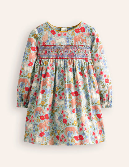 Robe Bess cosy à smocks-Motif floral poney bleu glacé