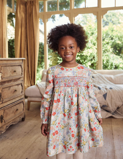 Robe Bess cosy à smocks-Motif floral poney bleu glacé