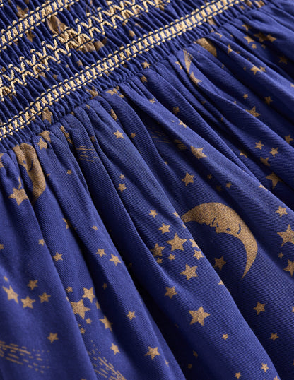 Gewebtes Kleid mit gerafftem Oberteil-Steuerbordblau Sternenhimmel