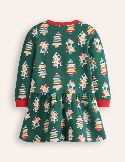 Cosy Printed Sweatshirt Dress-Jewel Green Christmas Trees