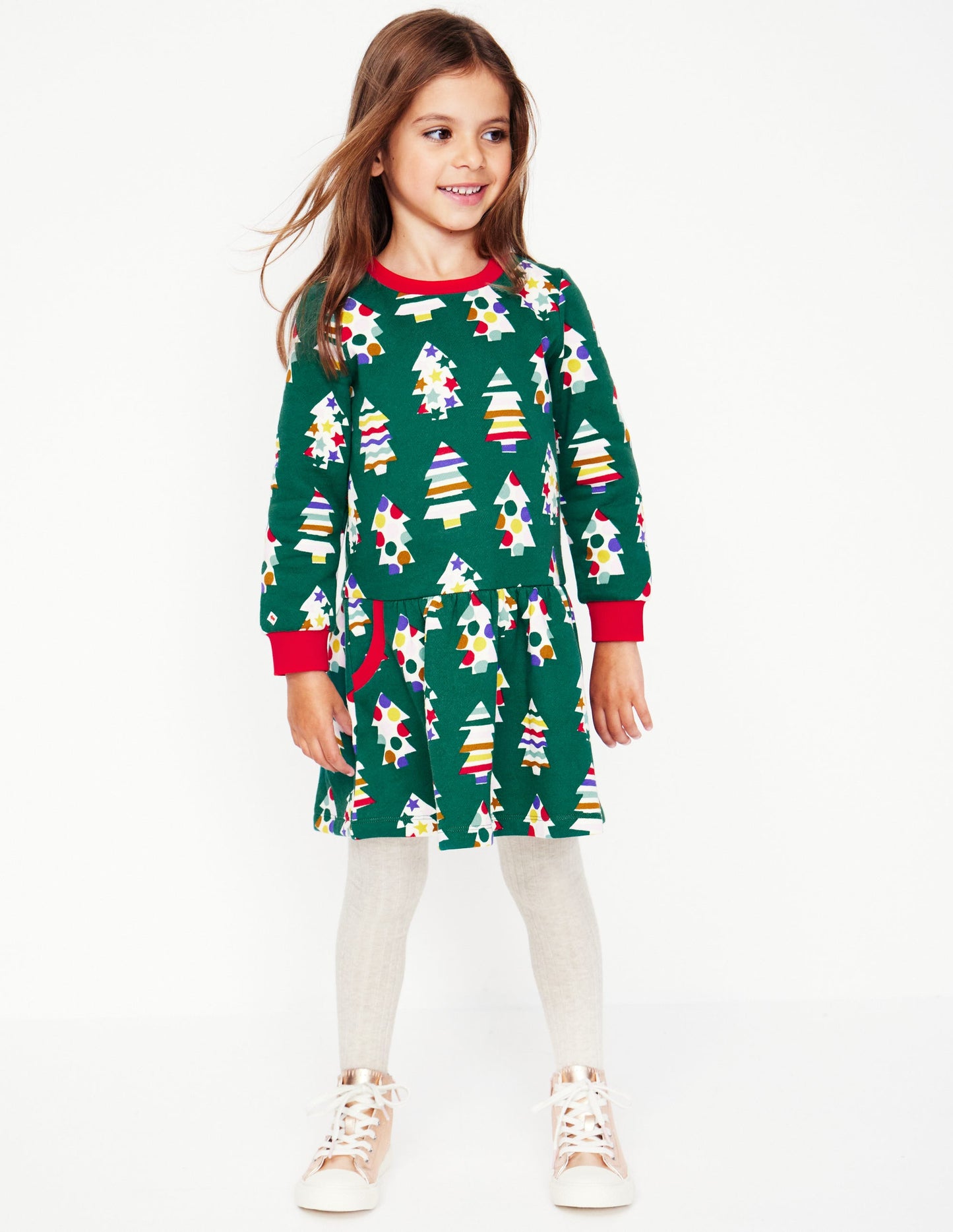 Cosy Printed Sweatshirt Dress-Jewel Green Christmas Trees