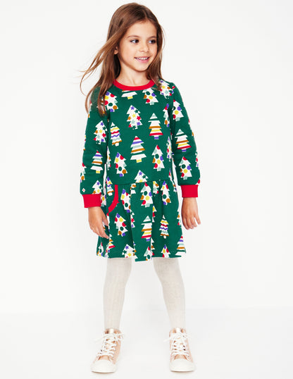 Cosy Printed Sweatshirt Dress-Jewel Green Christmas Trees