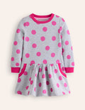 Kuscheliges, bedrucktes Sweatshirt-Kleid-Grau Meliert/Rosa Folien-Punkte