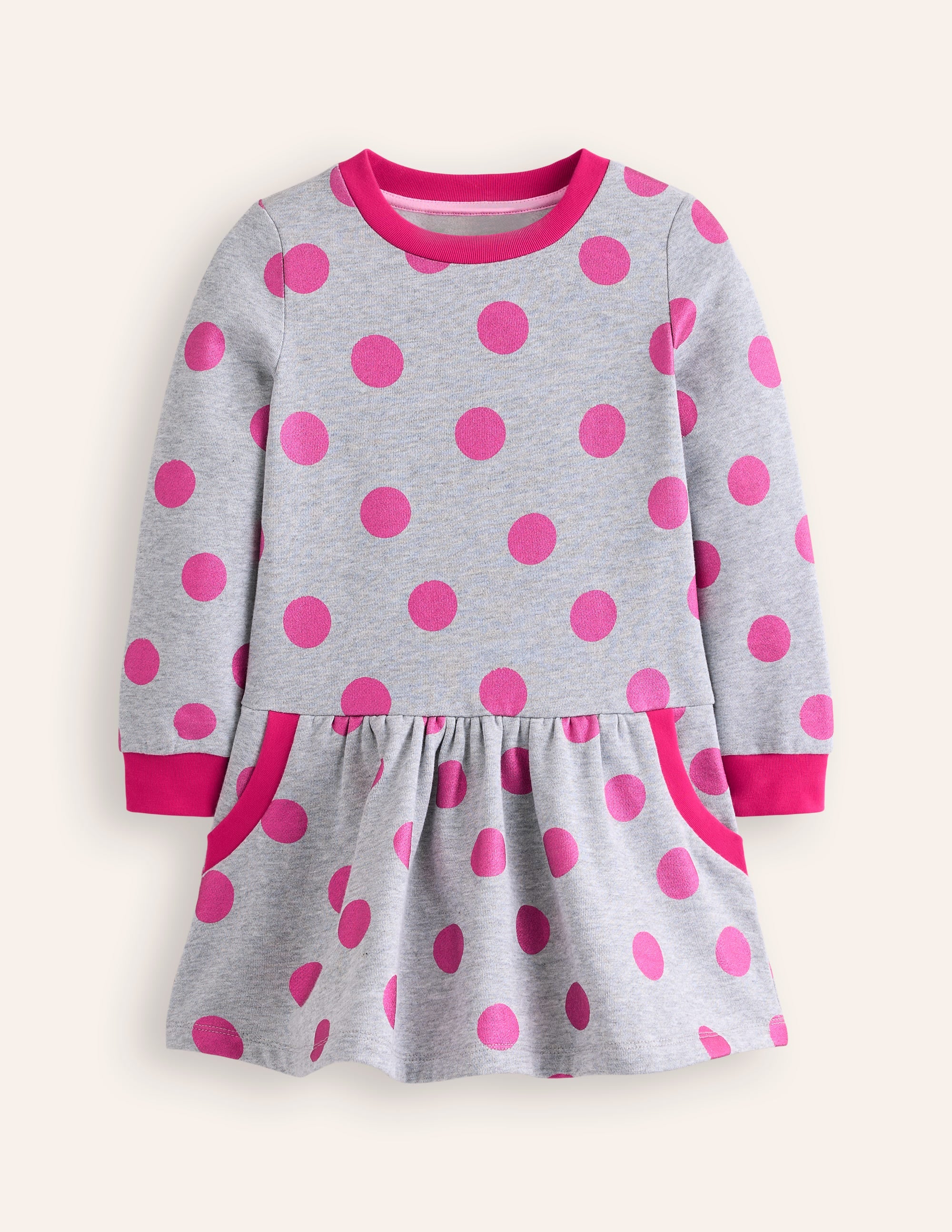 Kuscheliges, bedrucktes Sweatshirt-Kleid-Grau Meliert/Rosa Folien-Punkte - Image 1