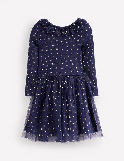 Rose Twirly Tulle Dress-College Navy Gold Stars