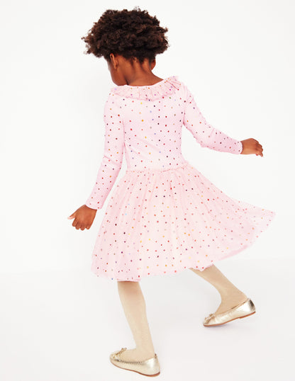 Rose Twirly Tulle Dress-Chalk Pink Multi Rainbow Stars