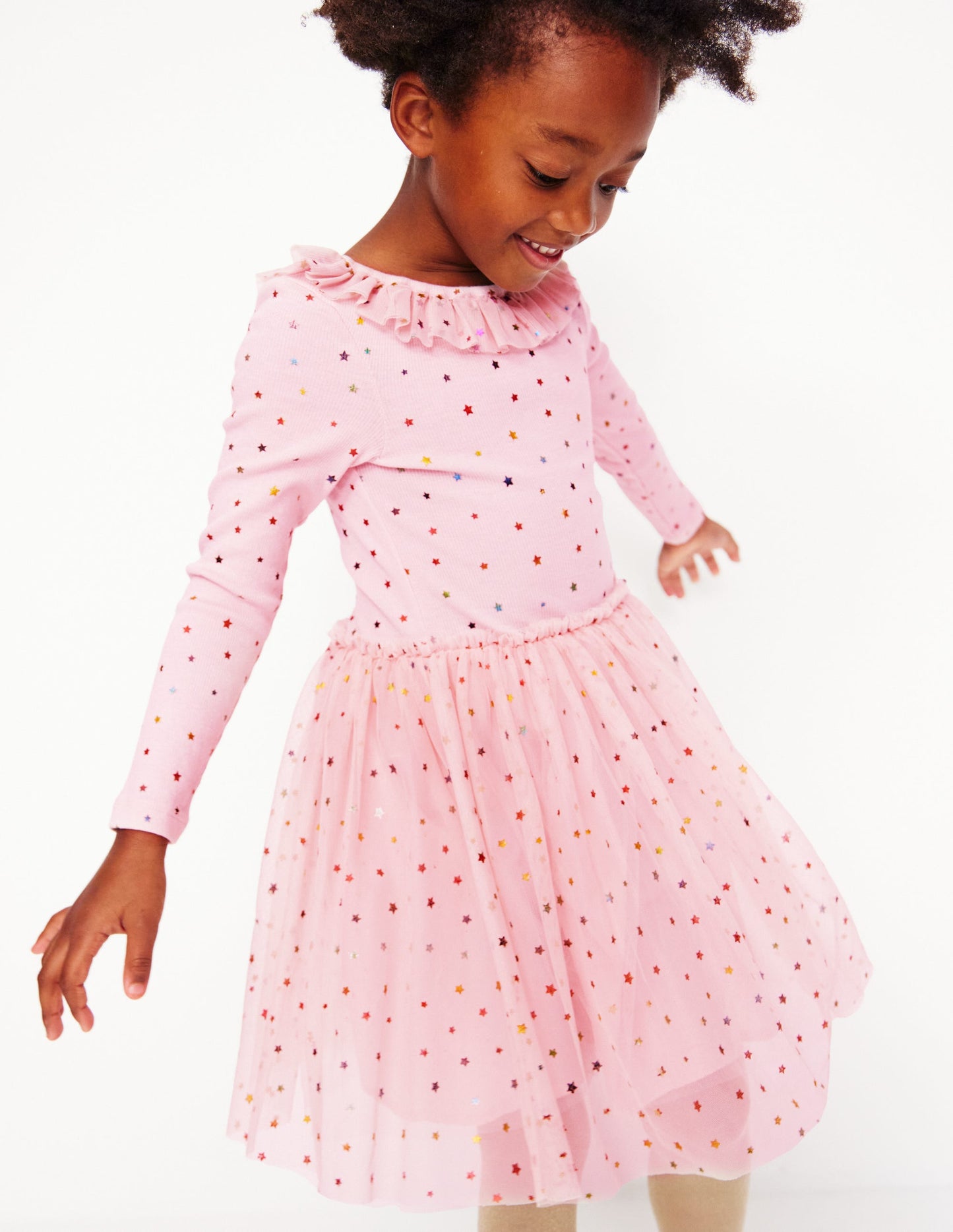 Rose Twirly Tulle Dress-Chalk Pink Multi Rainbow Stars