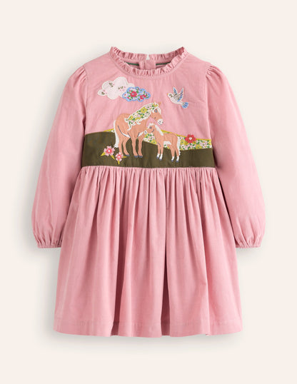 Robe en velours côtelé à appliqué-Poneys Rose Vintage