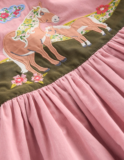 Robe en velours côtelé à appliqué-Poneys Rose Vintage