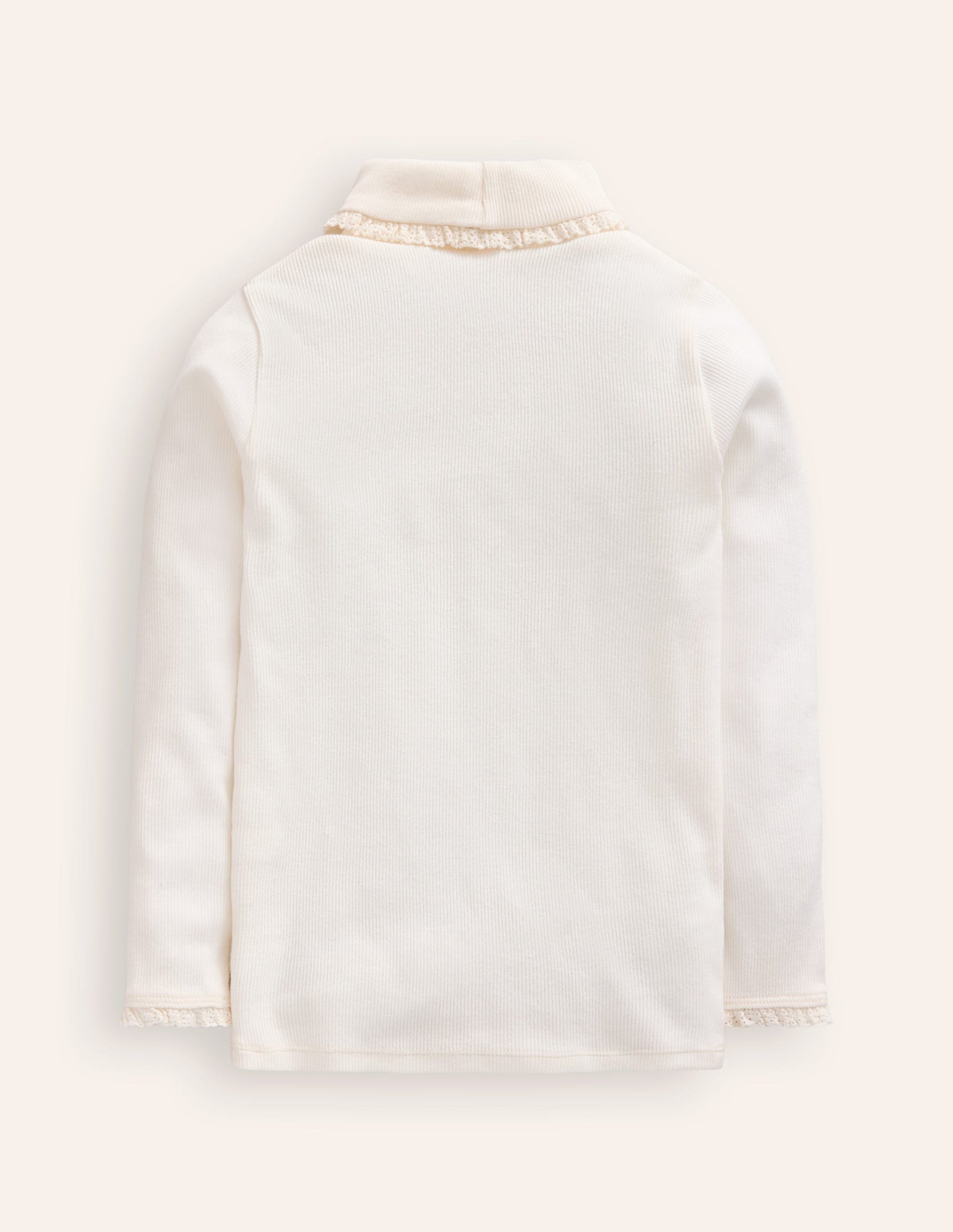 Col roulé côtelé à détails en dentelle-Ivoire et Bleu Marine à Pois