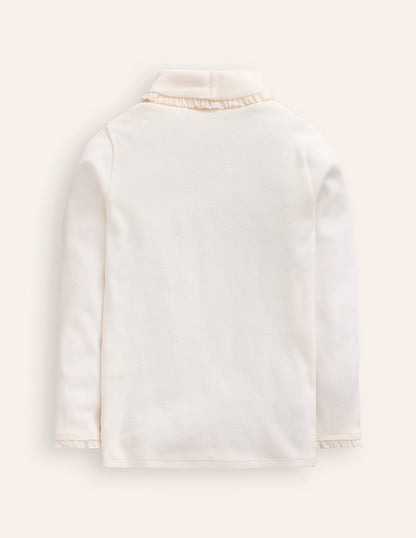 Col roulé côtelé à détails en dentelle-Ivoire et Bleu Marine à Pois-2