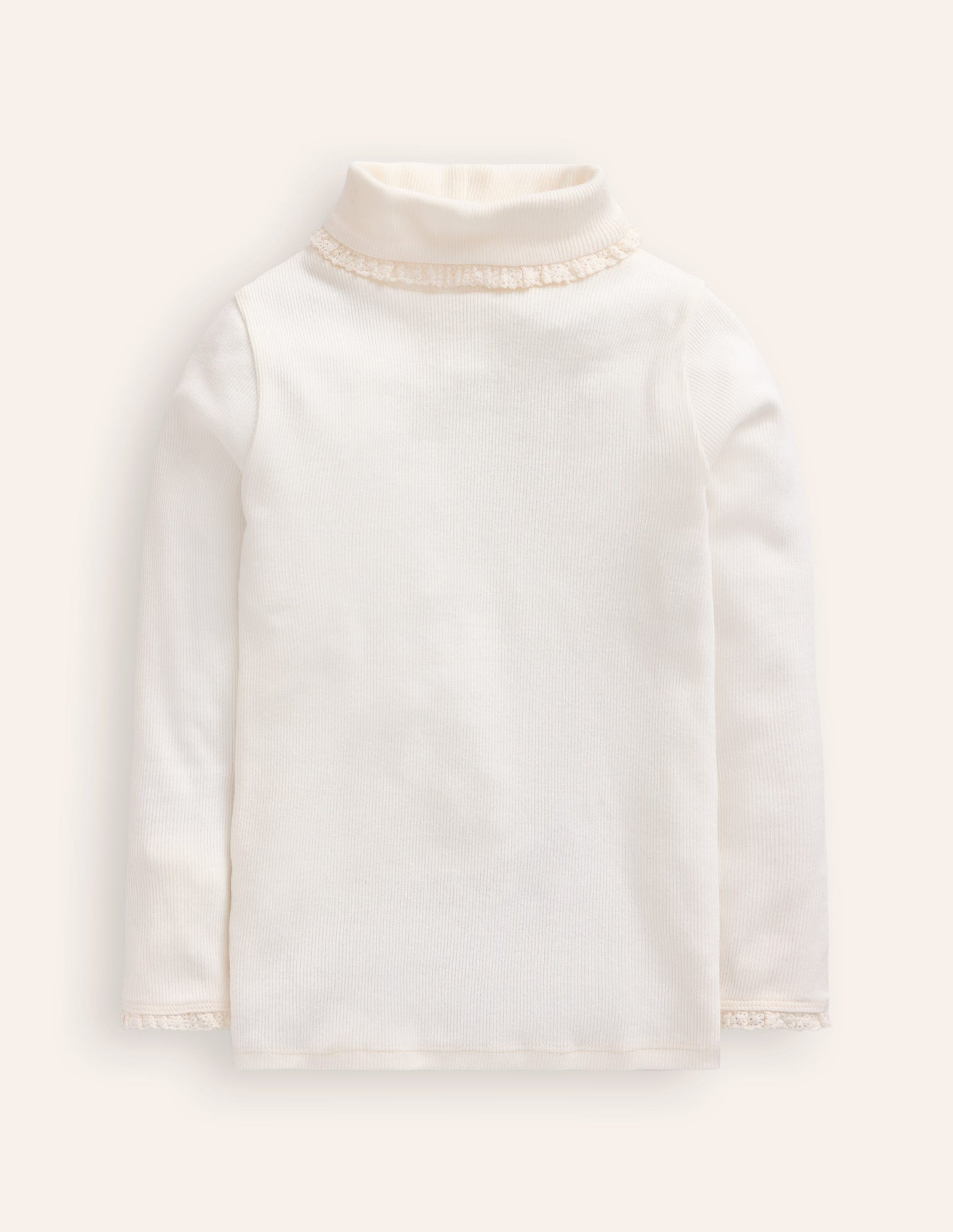 Col roulé côtelé à détails en dentelle-Ivoire et Bleu Marine à Pois