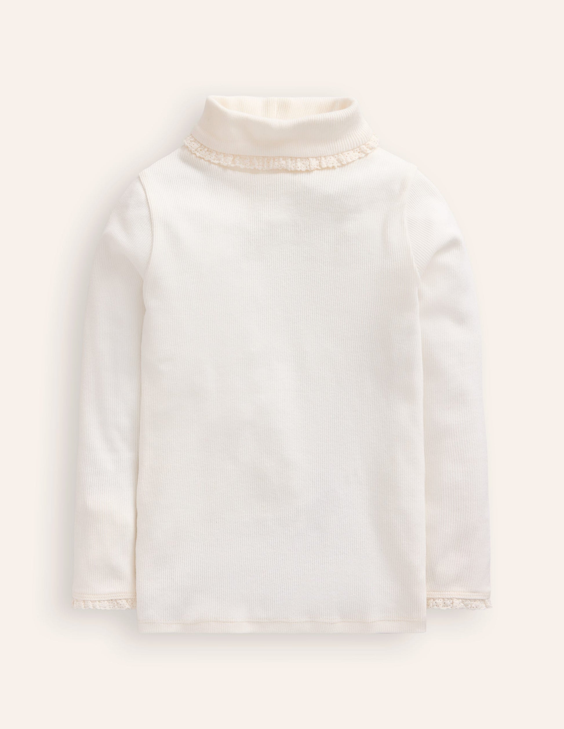 Col roulé côtelé à détails en dentelle-Ivoire et Bleu Marine à Pois-1