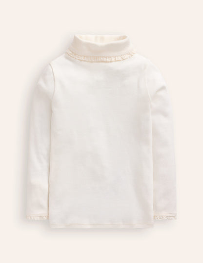 Col roulé côtelé à détails en dentelle-Ivoire et Bleu Marine à Pois-1