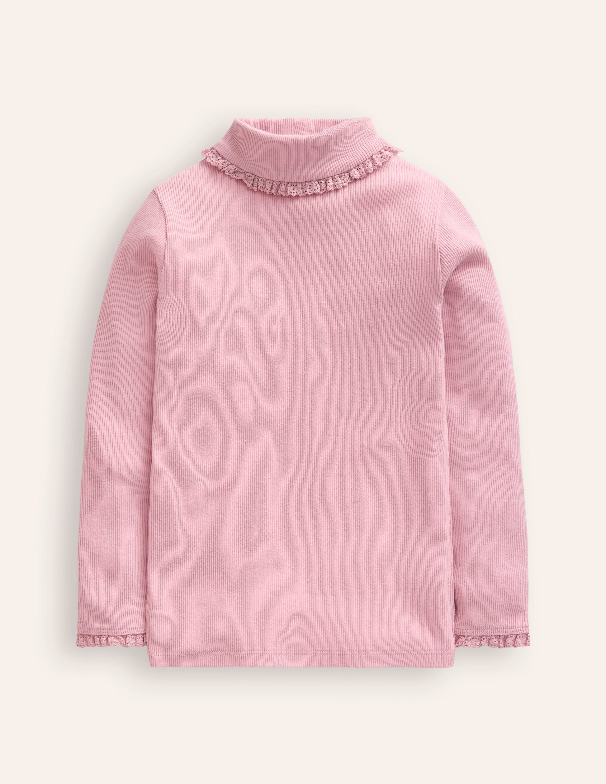 Gerippter Rollkragenpullover mit Spitzenbesatz-Almond Sparkle-1