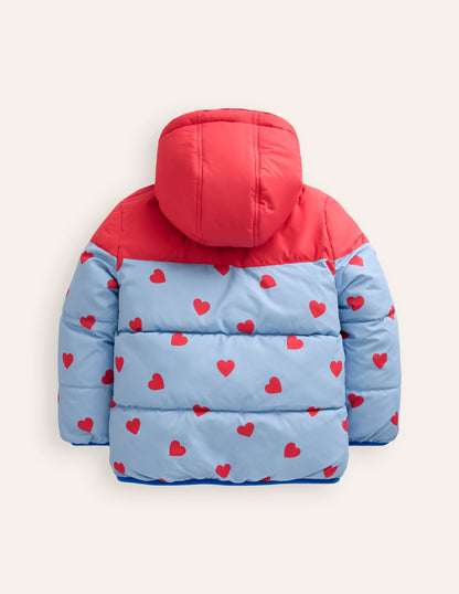 Reversible Padded Borg Coat-Blue/Red Ditsy Hearts