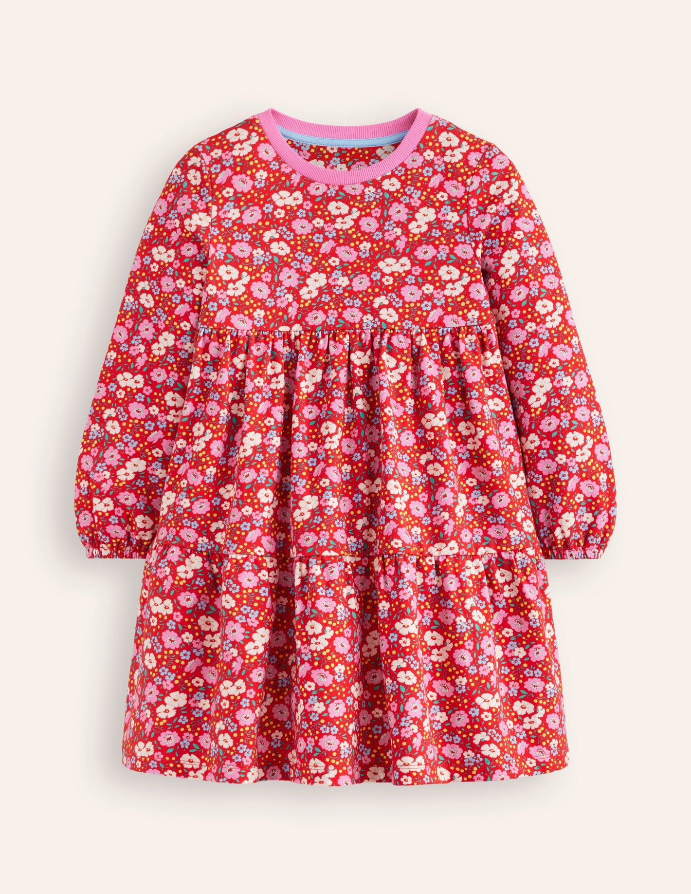 Tiered Sweatshirt Dress-Brilliant Red Flowerbed