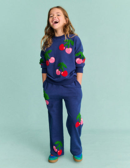 Wide Leg Applique Jogger-Starboard Blue Cherries