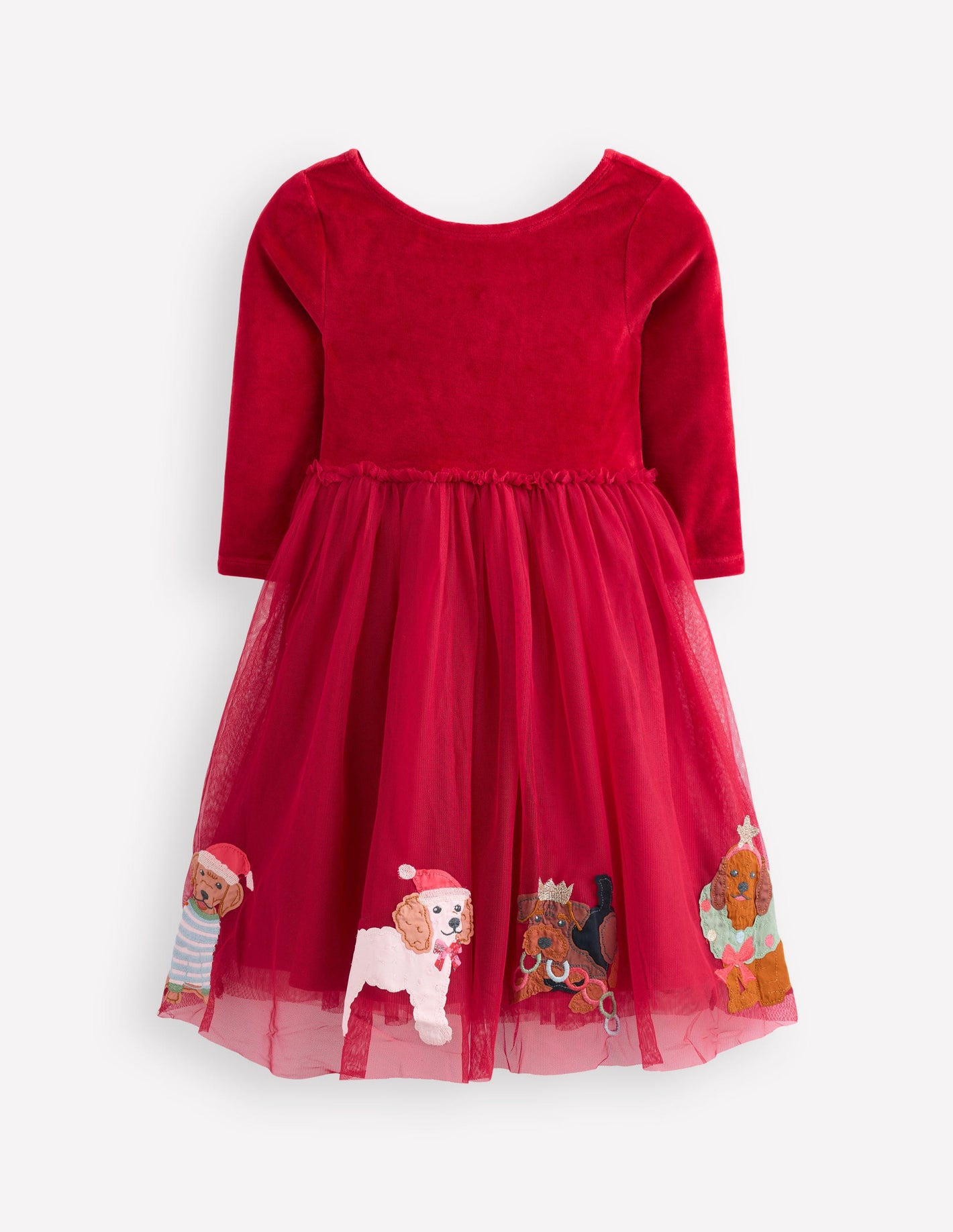 Robe en velours et tulle à appliqué-Chiens festifs rouge carmin