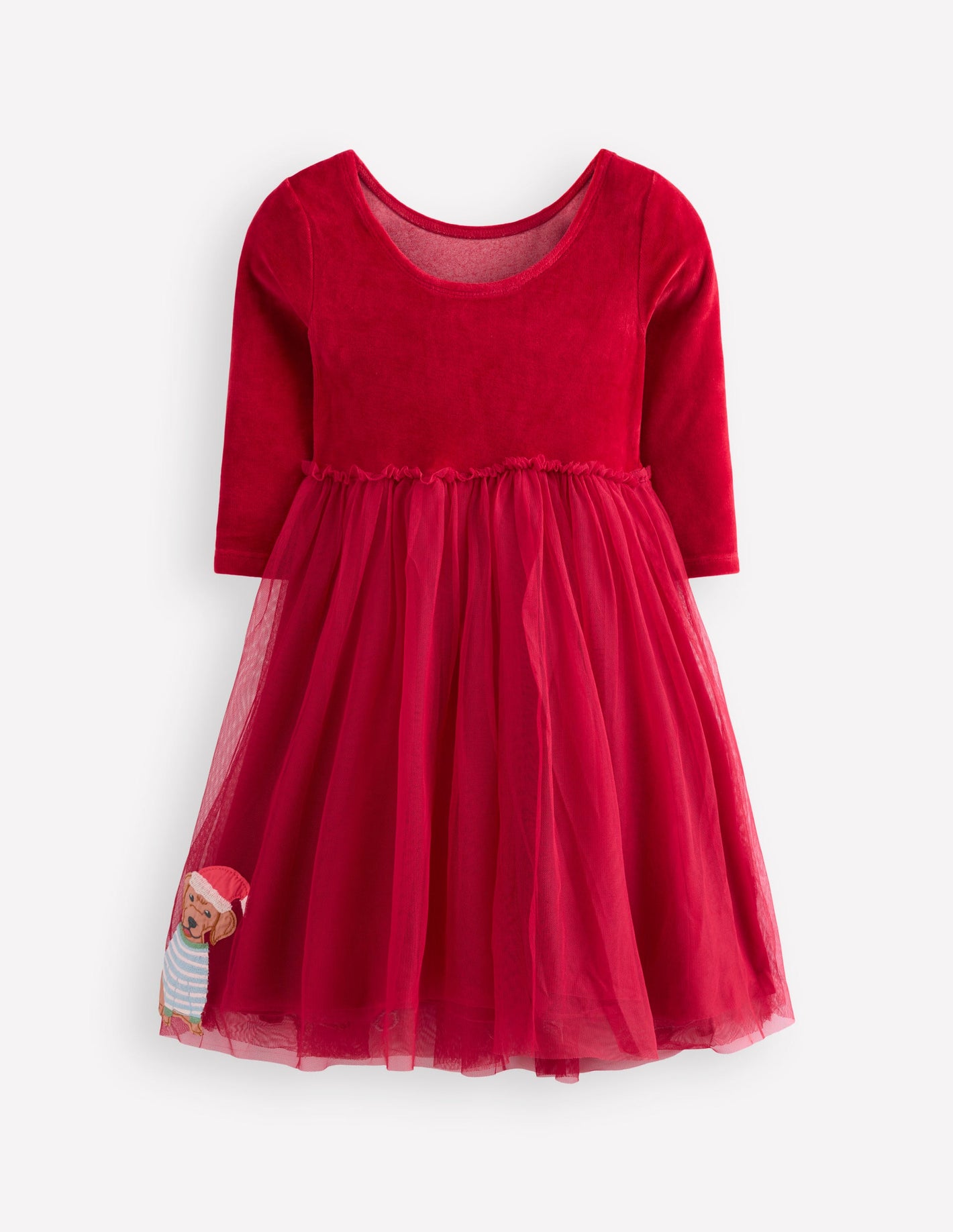 Robe en velours et tulle à appliqué-Chiens festifs rouge carmin