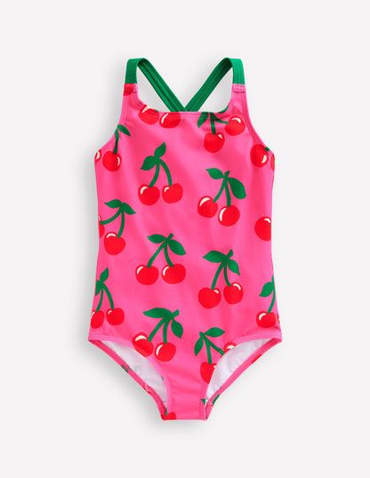 Cross-Back Printed Swimsuit-Sorbet Pink Cherries