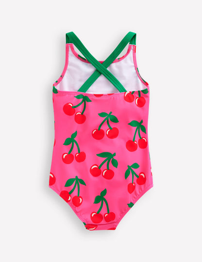 Cross-Back Printed Swimsuit-Sorbet Pink Cherries