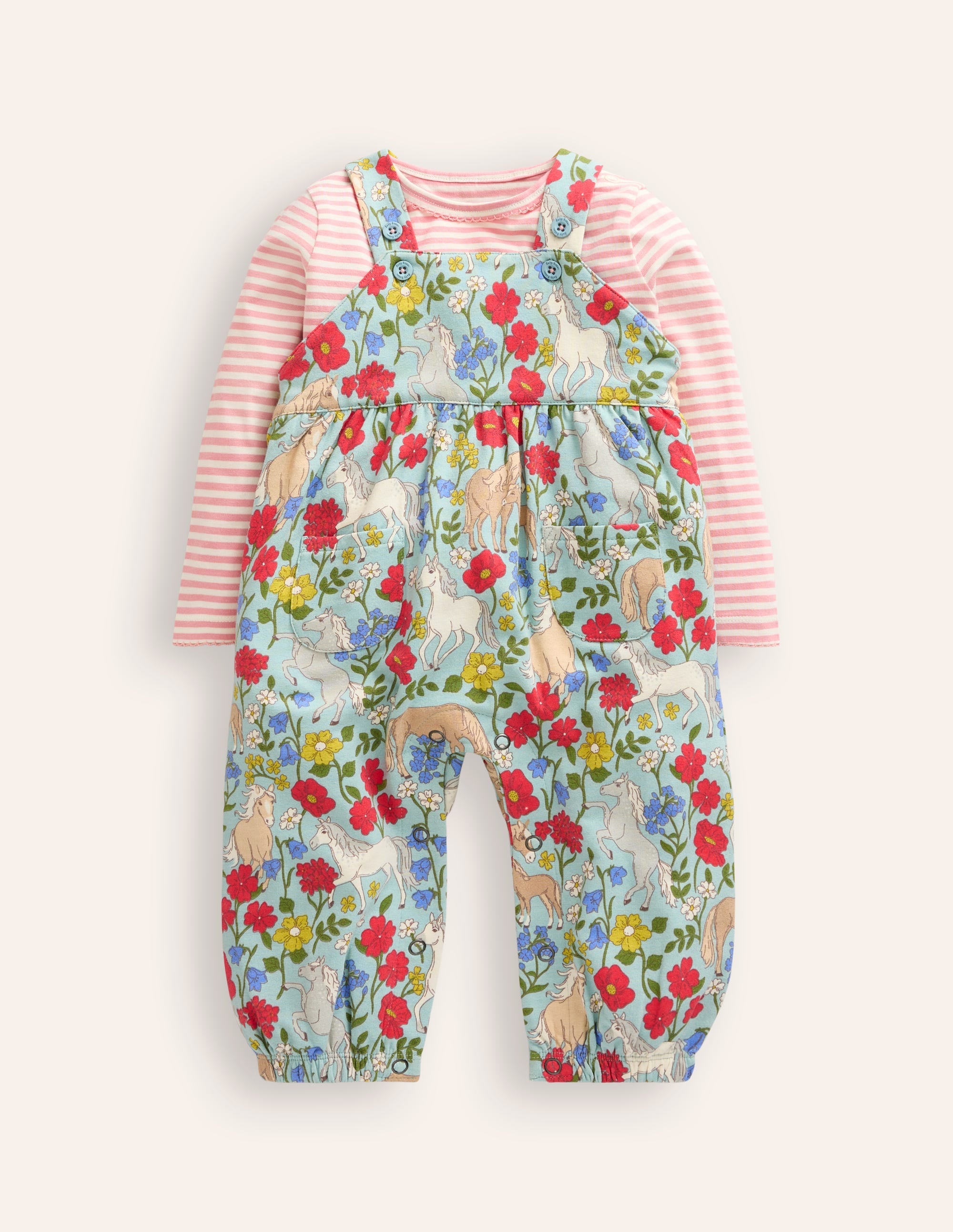 Jersey-Oberteil und Latzhose im Set-Blau Ponyhaar Blumenmuster - Image 1