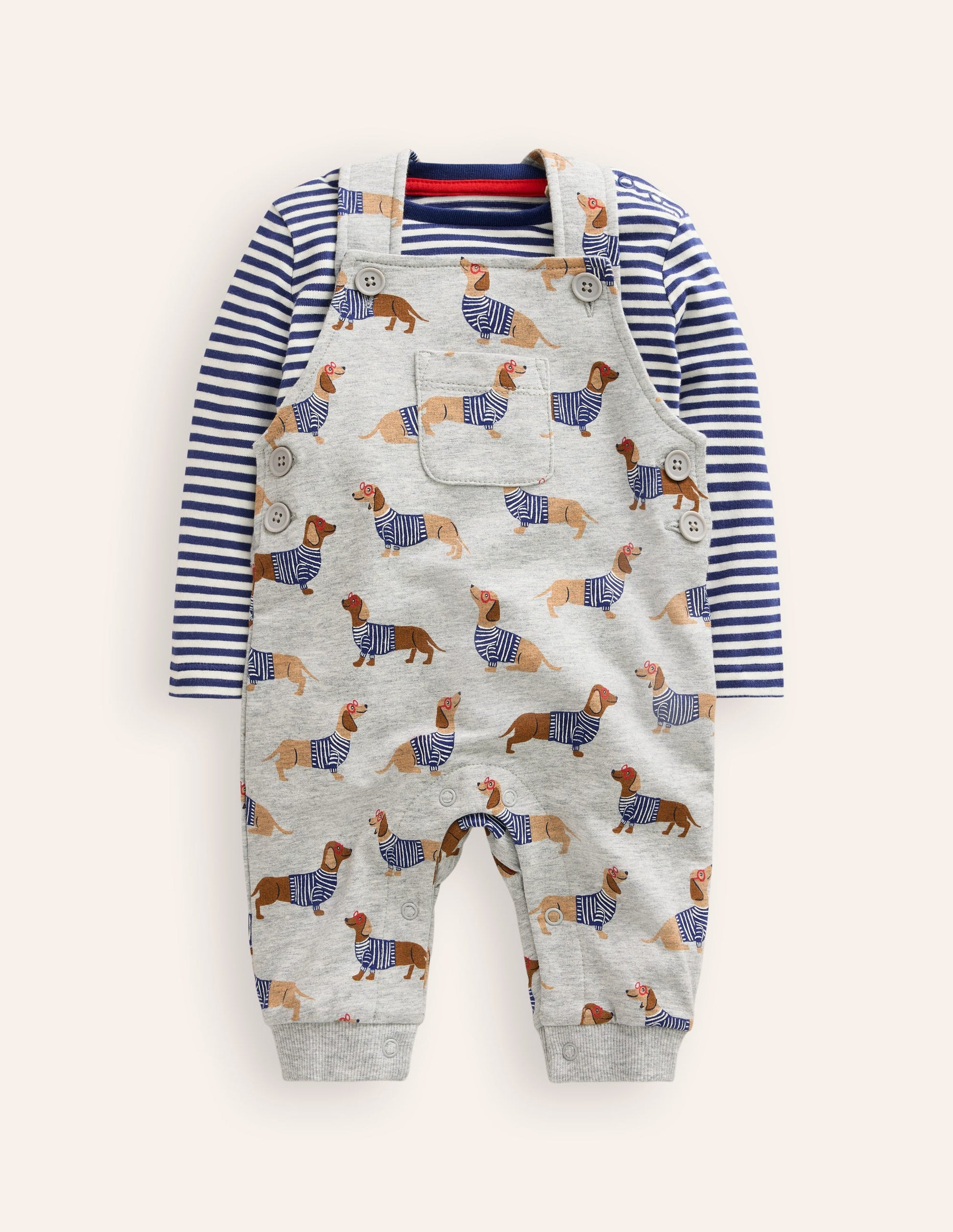 Bedrucktes Jersey-Oberteil und Latzhose im Set-Grau Dackel-3