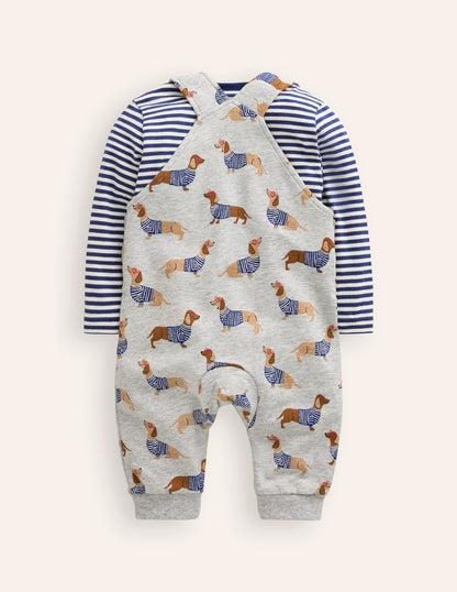 Bedrucktes Jersey-Oberteil und Latzhose im Set-Grau Dackel-4